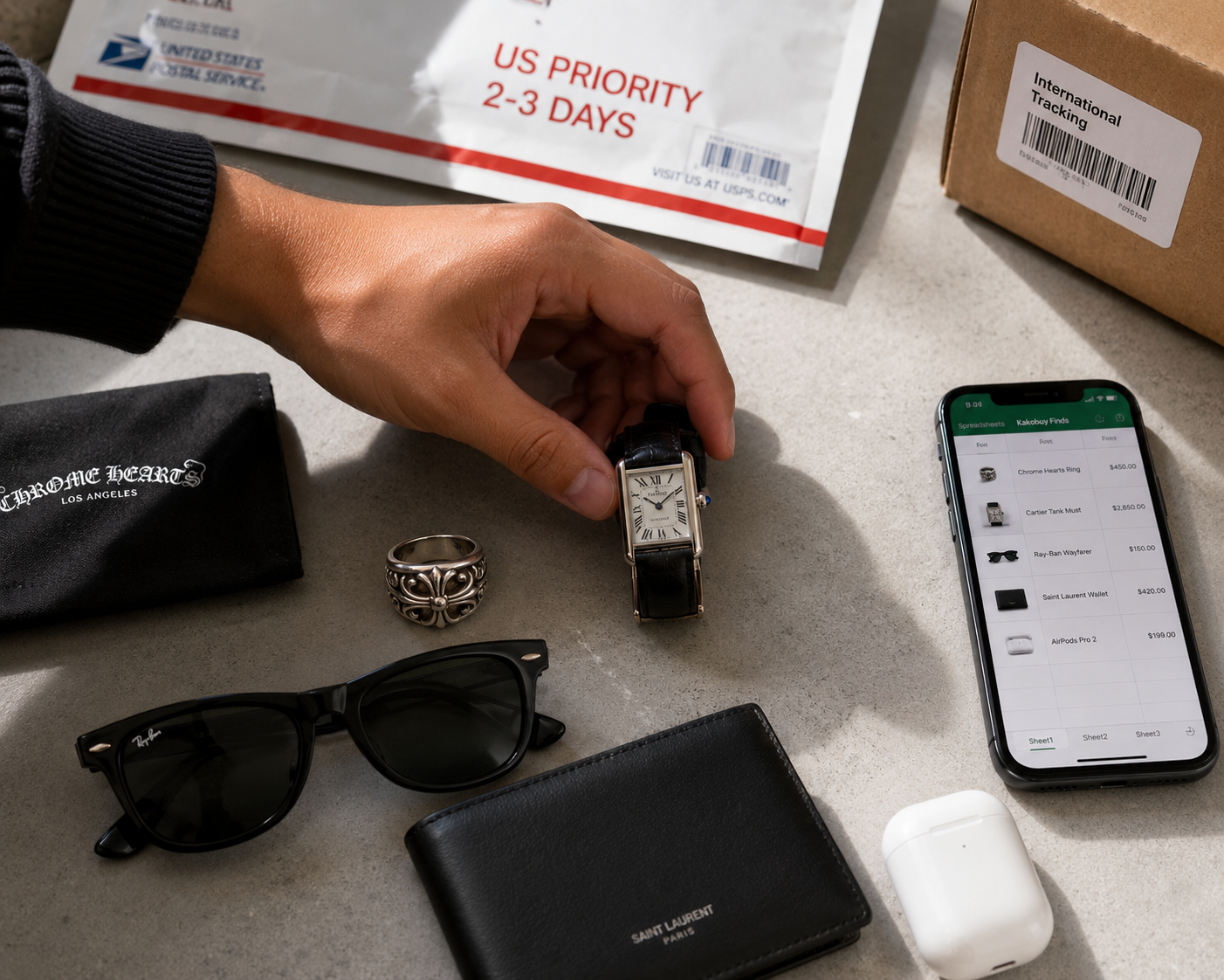 Daily carry accessories flat lay with Chrome Hearts ring Cartier watch sunglasses and US priority shipping