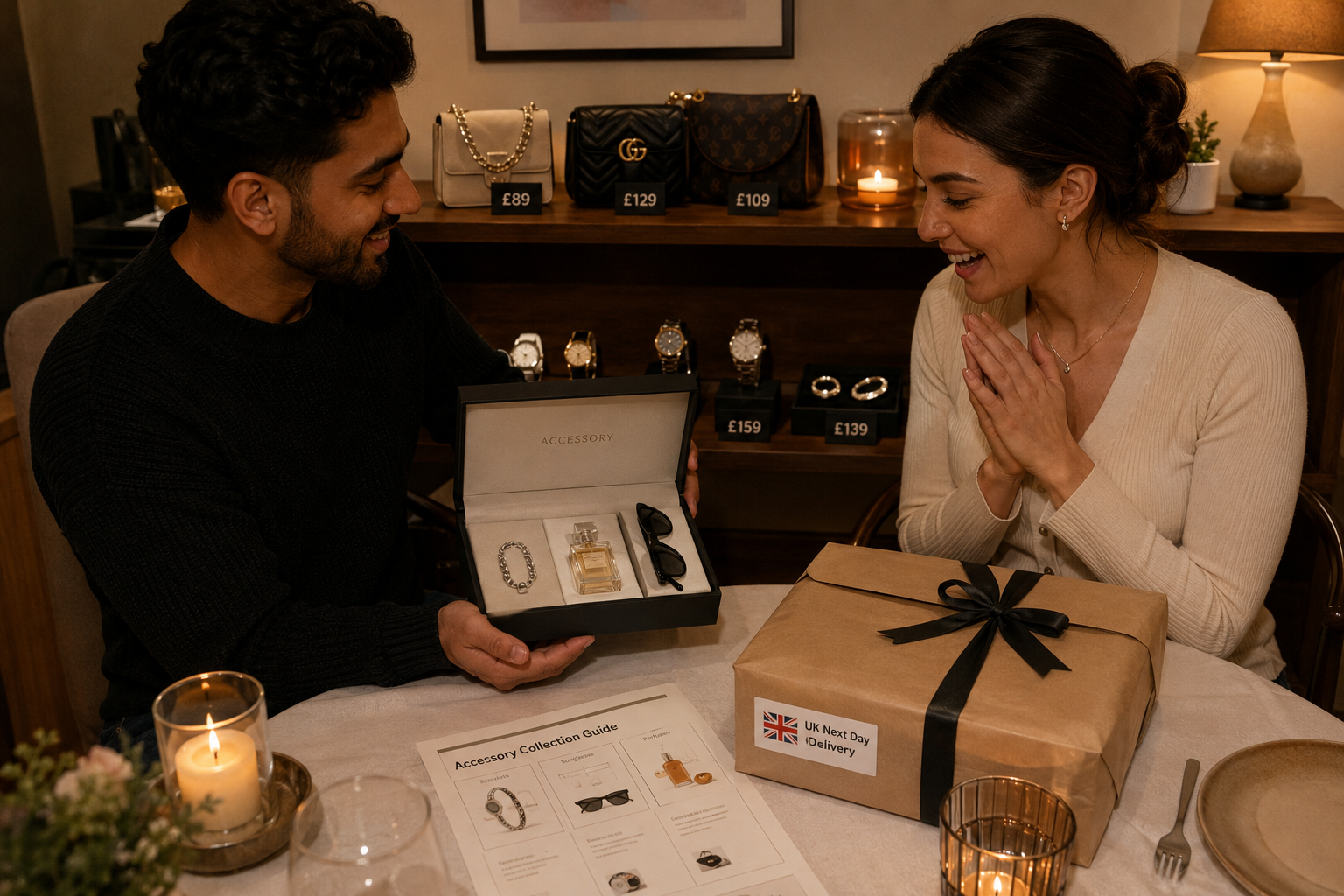 Gift accessories selection with bracelet perfume sunglasses and UK next day delivery, couple exchanging gifts
