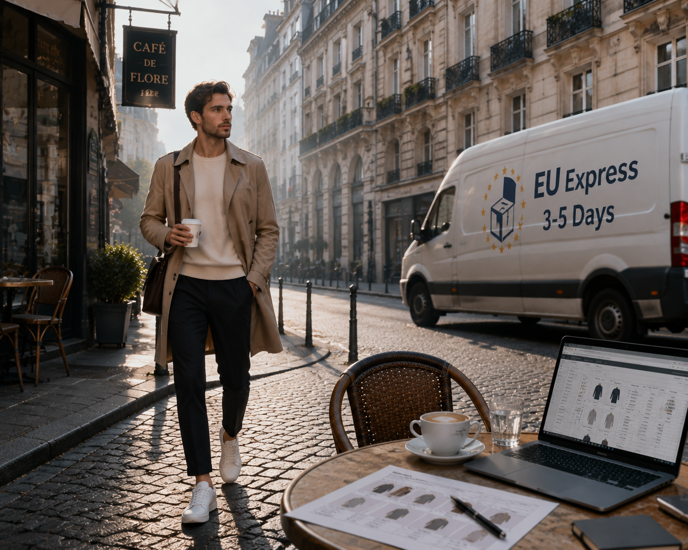 Professional woman with leather tote bag walking in European city, EU express delivery van in background