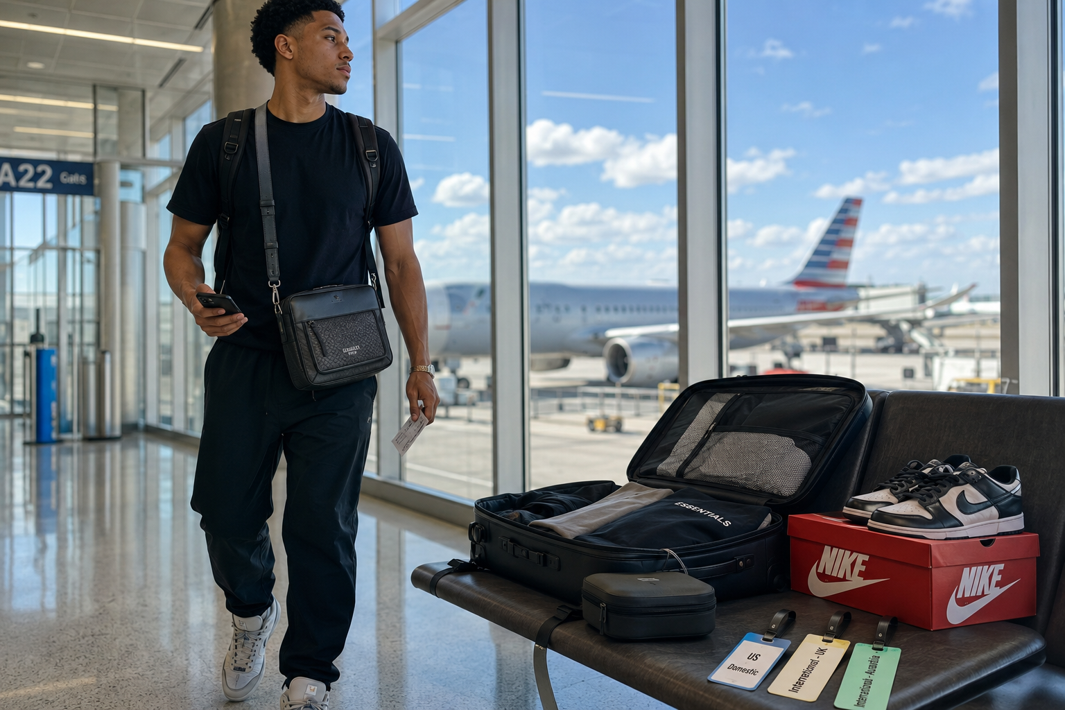 Traveler with backpack and crossbody bag at airport with US UK Australia luggage tags and Nike shoe box