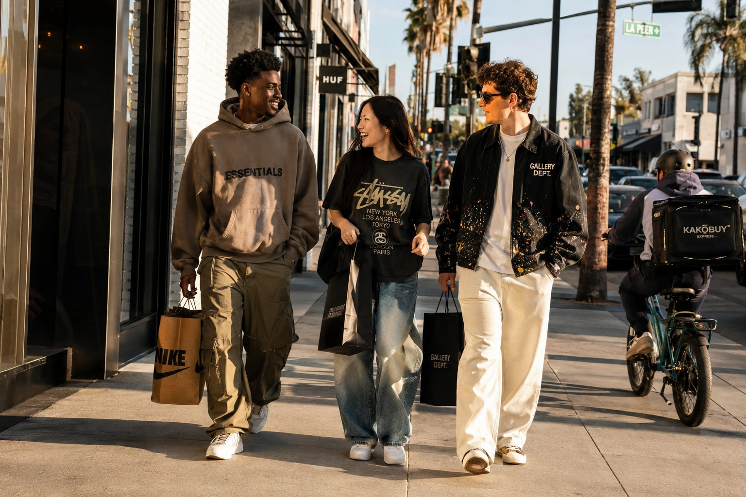 Three friends wearing streetwear outfits walking in Los Angeles, Essentials hoodie Stussy tee Gallery Dept jacket