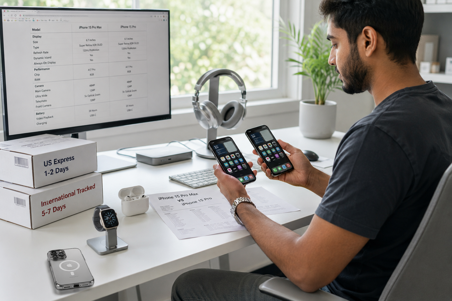 Tech workspace with iPhone Apple Watch AirPods and headphones, US express and international shipping boxes