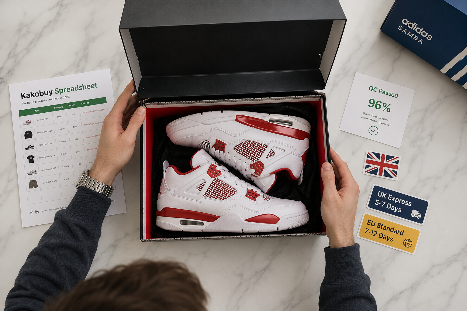 Premium sneaker unboxing with quality inspection card and UK EU shipping labels, Jordan 4 Adidas Samba