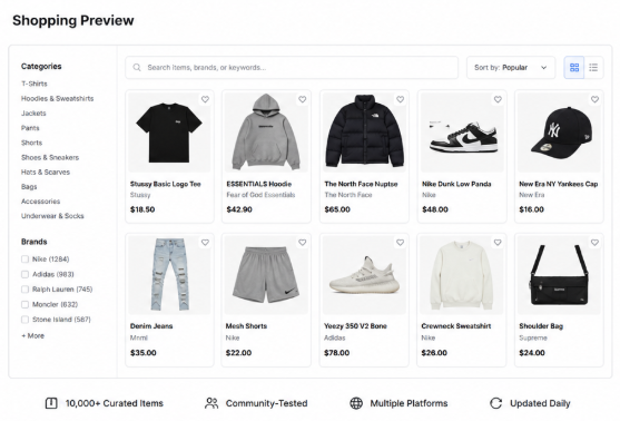 UsFans shopping preview showing product categories and item options